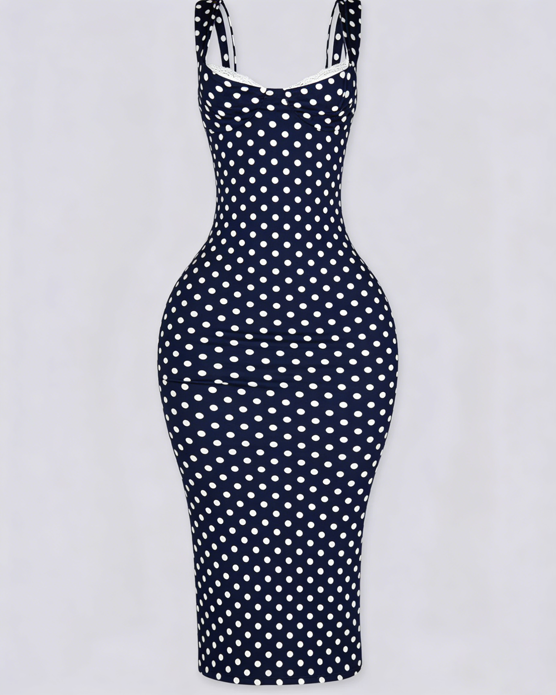 Vestido Midi de Lunares Ajustado con Escote de Pico