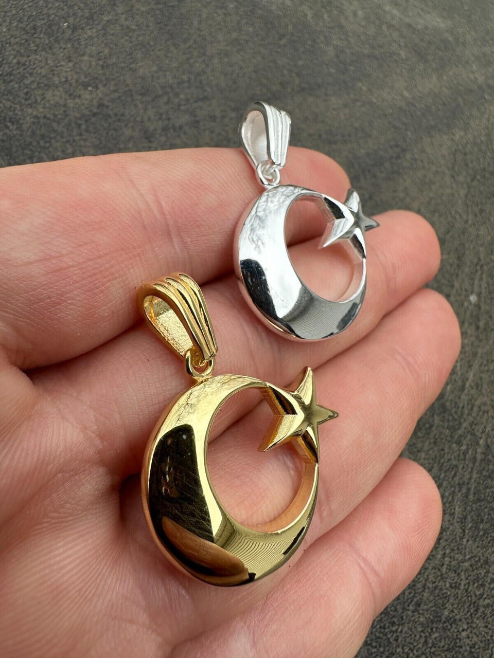Crescent Moon & Star Islam Pendant - 14k Gold Vermeil Or 925 Silver - Small 1"