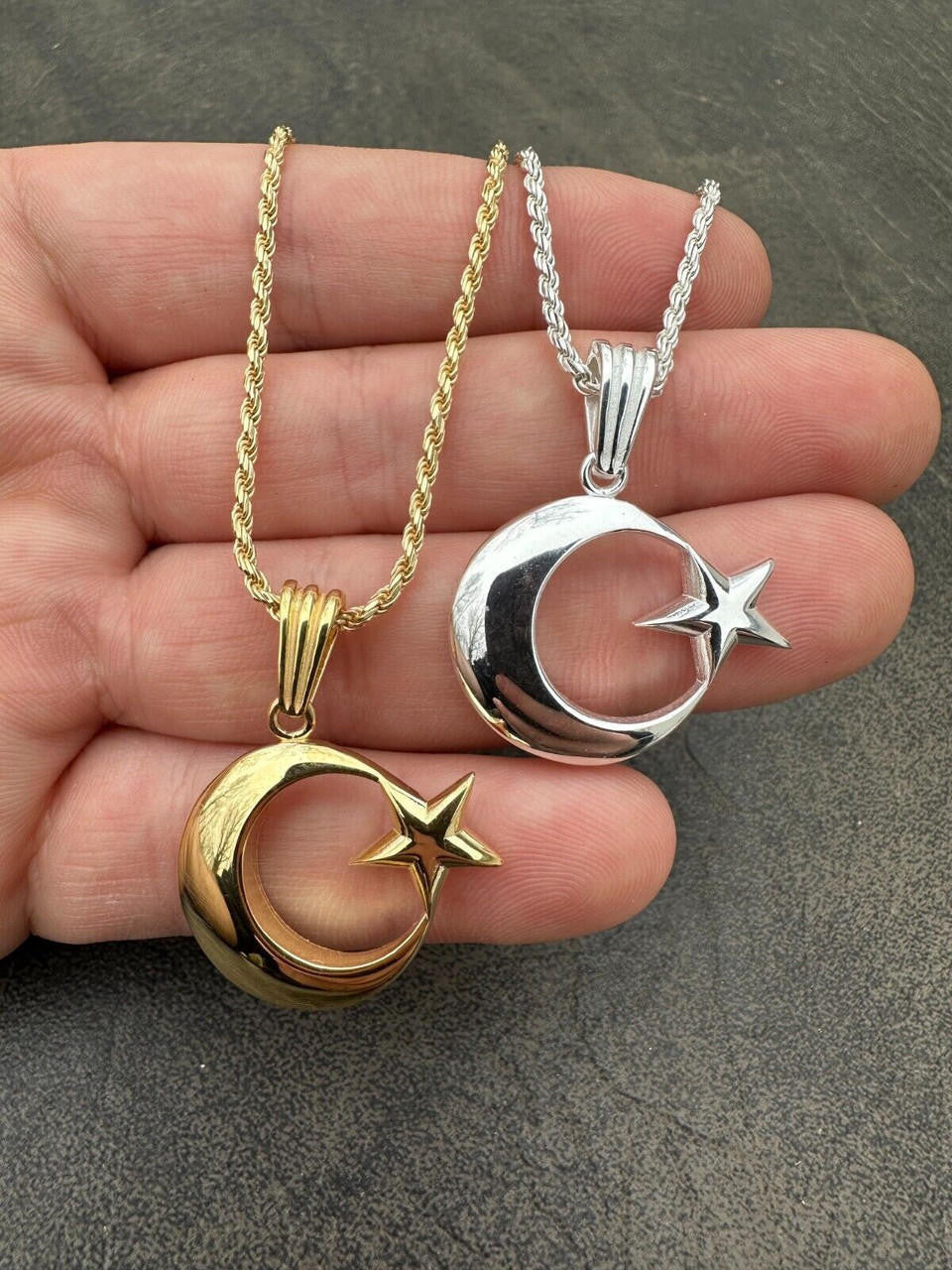 Crescent Moon & Star Islam Pendant - 14k Gold Vermeil Or 925 Silver - Small 1"