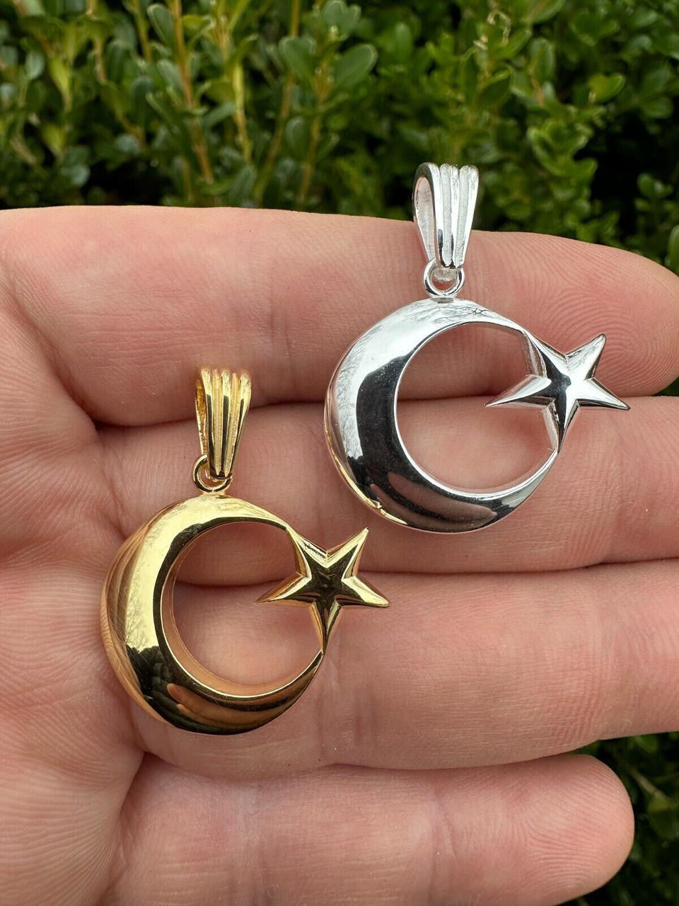Crescent Moon & Star Islam Pendant - 14k Gold Vermeil Or 925 Silver - Small 1"