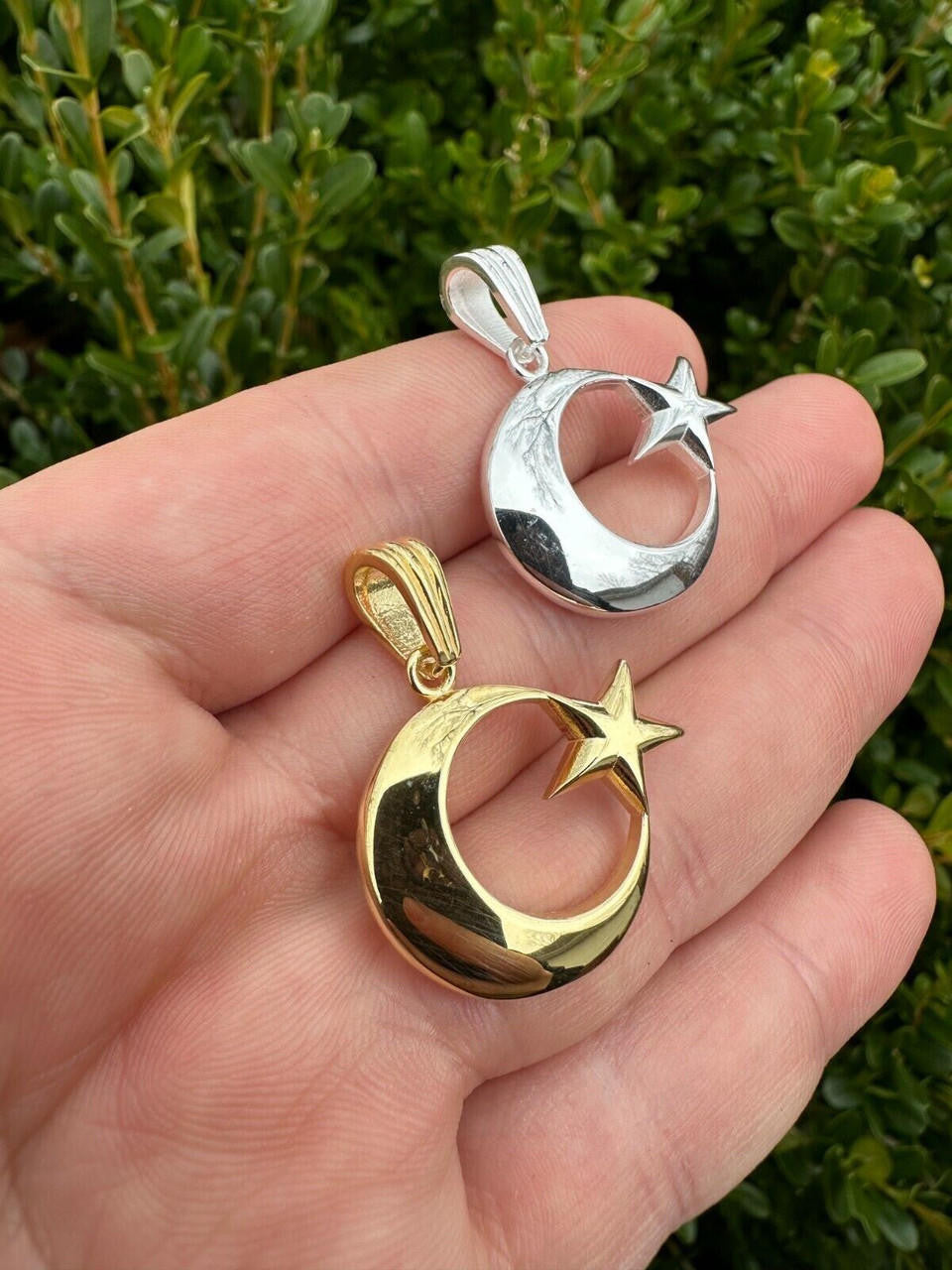 Crescent Moon & Star Islam Pendant - 14k Gold Vermeil Or 925 Silver - Small 1"