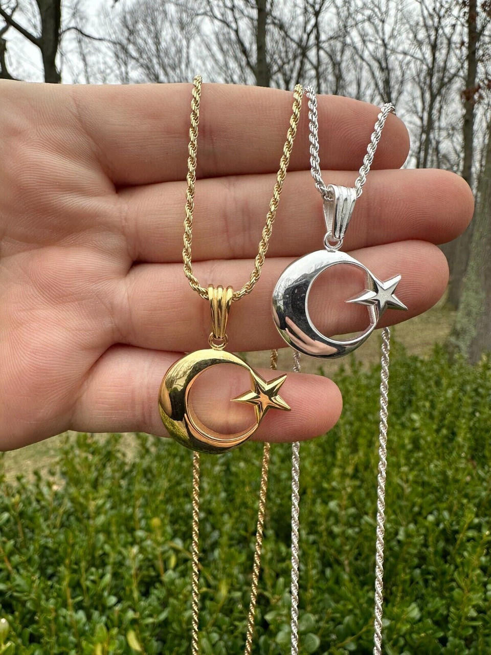 Crescent Moon & Star Islam Pendant - 14k Gold Vermeil Or 925 Silver - Small 1"
