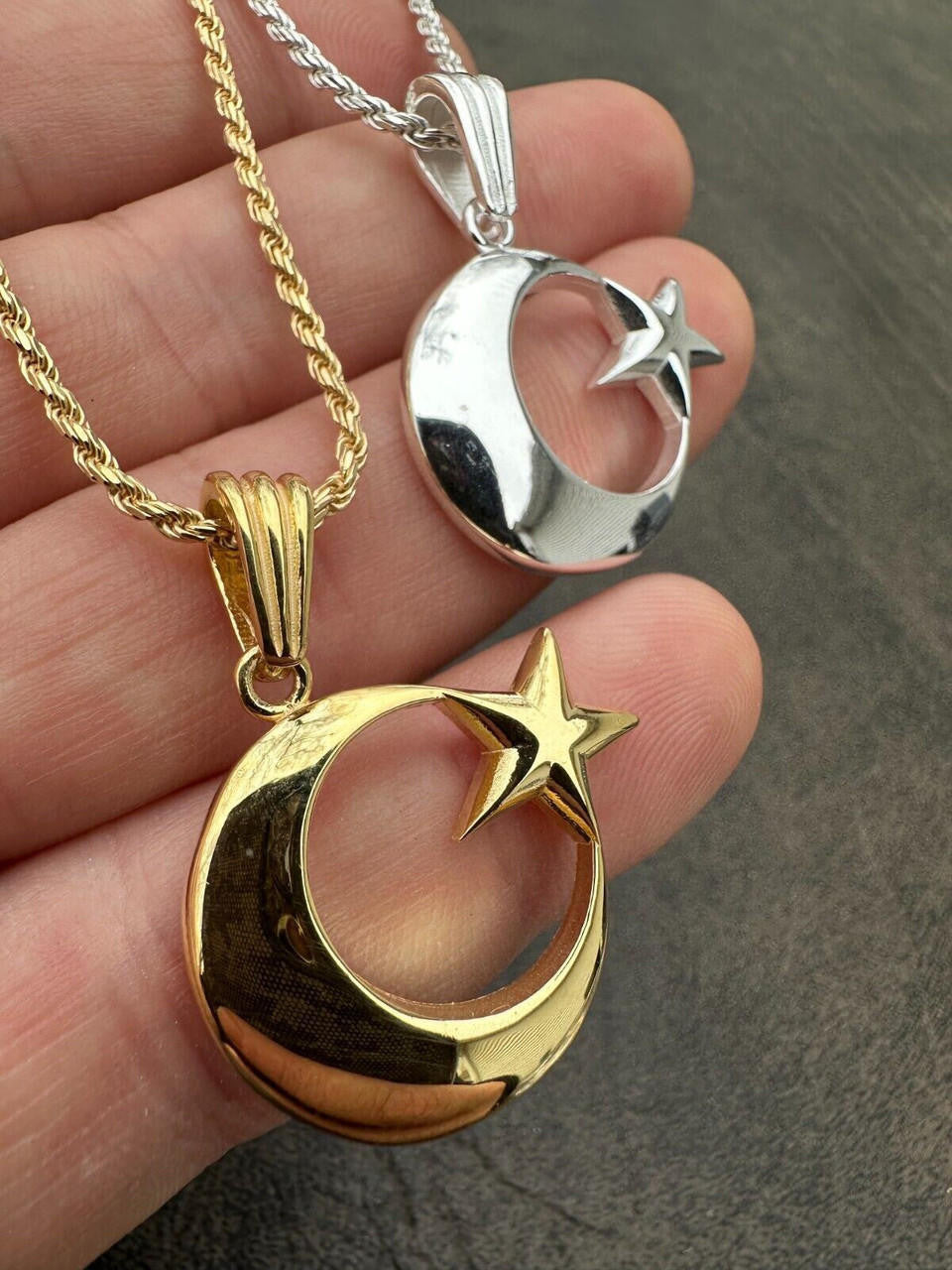 Crescent Moon & Star Islam Pendant - 14k Gold Vermeil Or 925 Silver - Small 1"