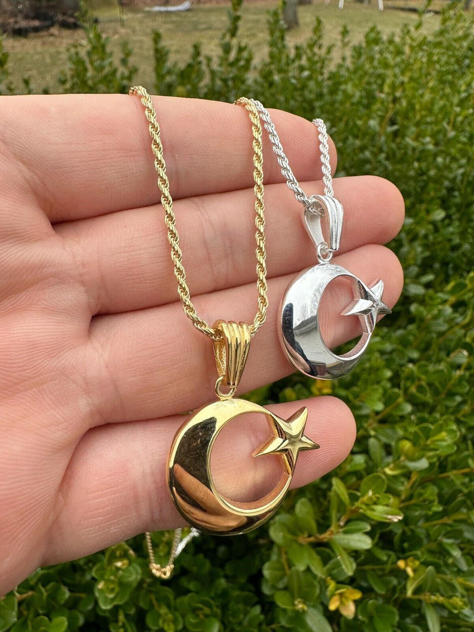 Crescent Moon & Star Islam Pendant - 14k Gold Vermeil Or 925 Silver - Small 1"