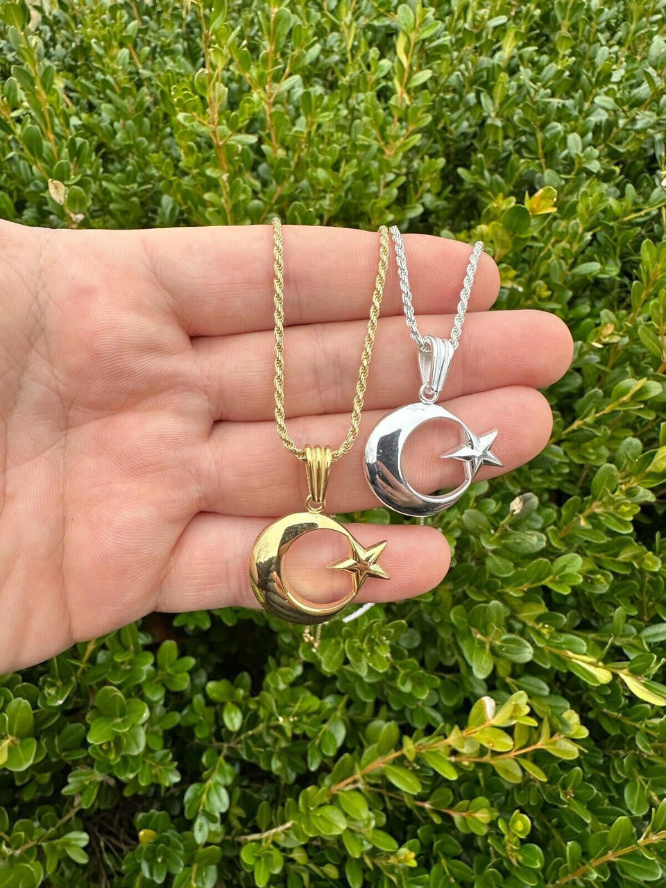 Crescent Moon & Star Islam Pendant - 14k Gold Vermeil Or 925 Silver - Small 1"