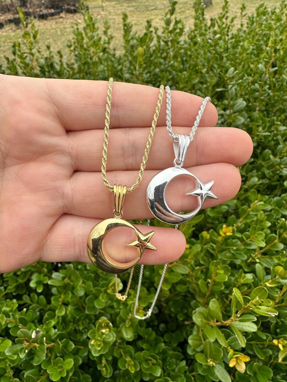 Crescent Moon & Star Islam Pendant - 14k Gold Vermeil Or 925 Silver - Small 1"