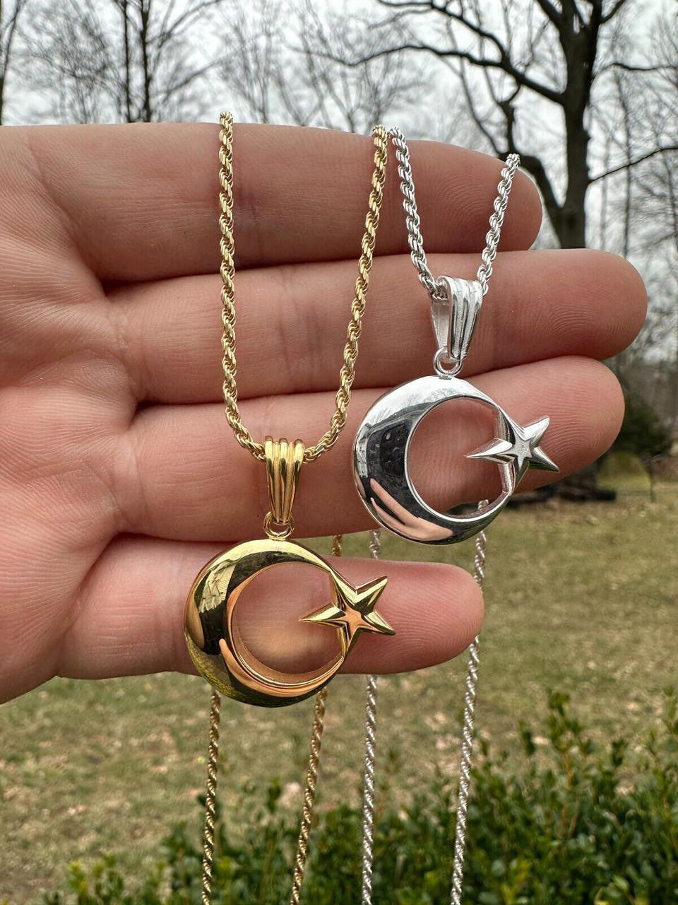 Crescent Moon & Star Islam Pendant - 14k Gold Vermeil Or 925 Silver - Small 1"