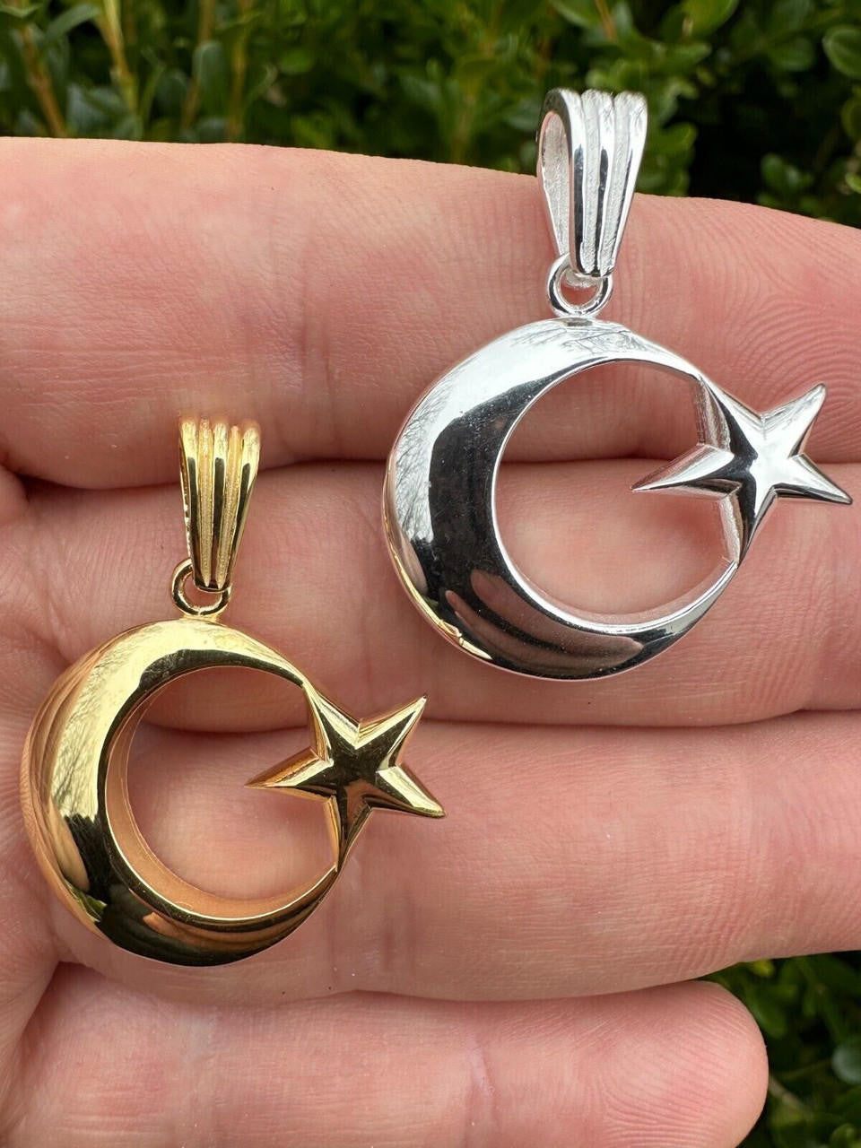 Crescent Moon & Star Islam Pendant - 14k Gold Vermeil Or 925 Silver - Small 1"