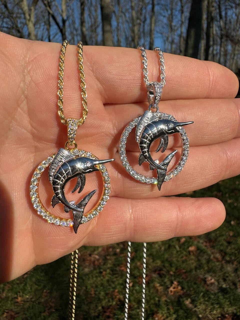 MOISSANITE Swordfish Marlin Iced Out Pendant - 14k Gold Vermeil Or 925 Silver - Small 1.25"