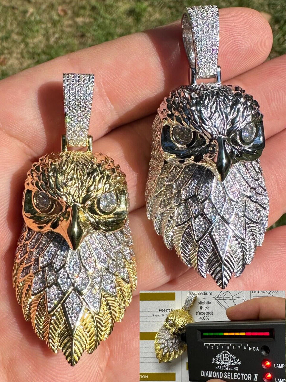 MOISSANITE 3D Bald Eagle Pendant - 14k Gold Vermeil Or 925 Silver - Large 2.5"
