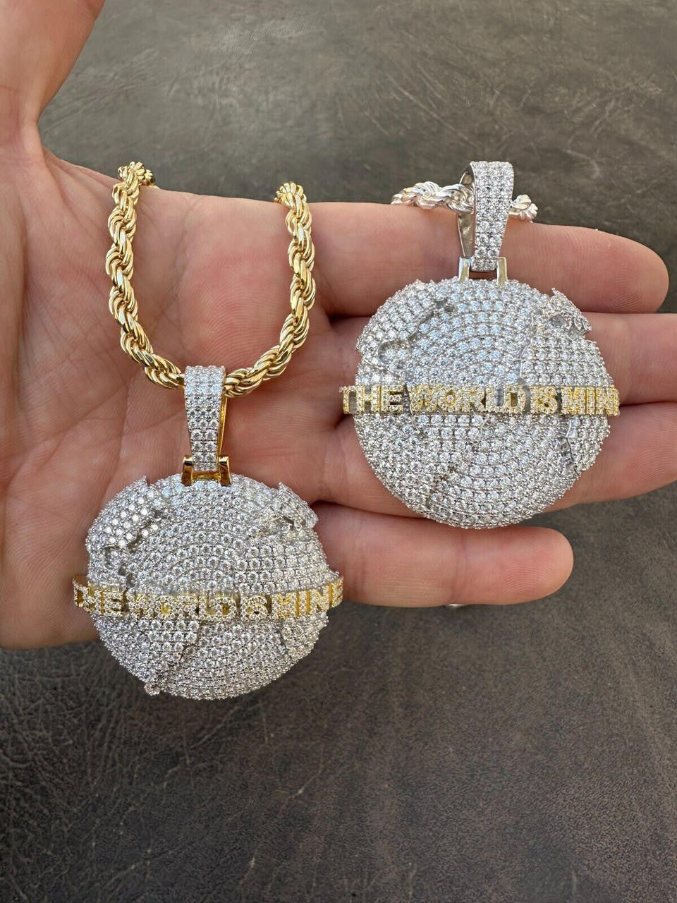 MOISSANITE World Is Mine Globe Pendant - 14k Gold Vermeil Or 925 Silver - Large 2.5"