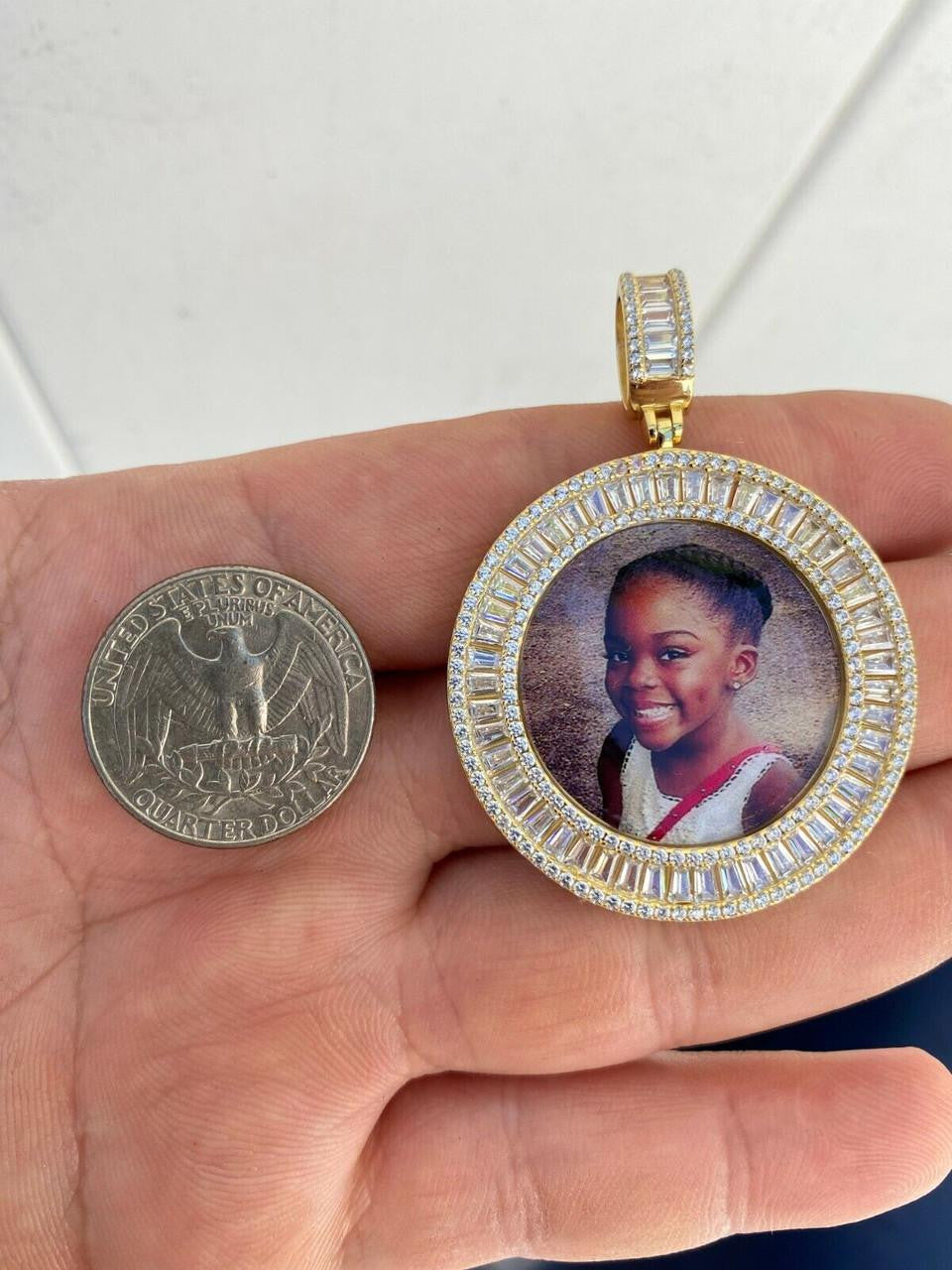 MOISSANITE Baguette Custom Photo Memory Pendant - 14k Yellow/Rose Gold Vermeil Or 925 Silver - Medium 2"