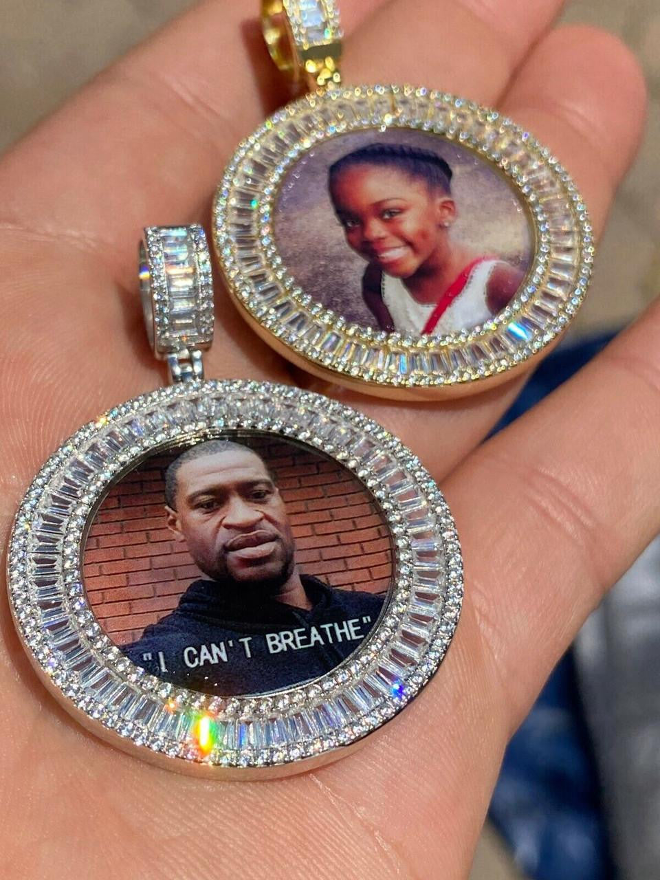 MOISSANITE Baguette Custom Photo Memory Pendant - 14k Yellow/Rose Gold Vermeil Or 925 Silver - Medium 2"