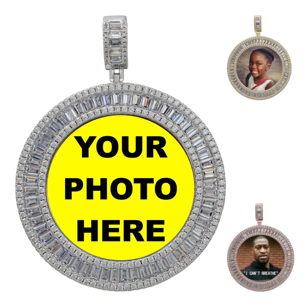 MOISSANITE Baguette Custom Photo Memory Pendant - 14k Yellow/Rose Gold Vermeil Or 925 Silver - Medium 2"