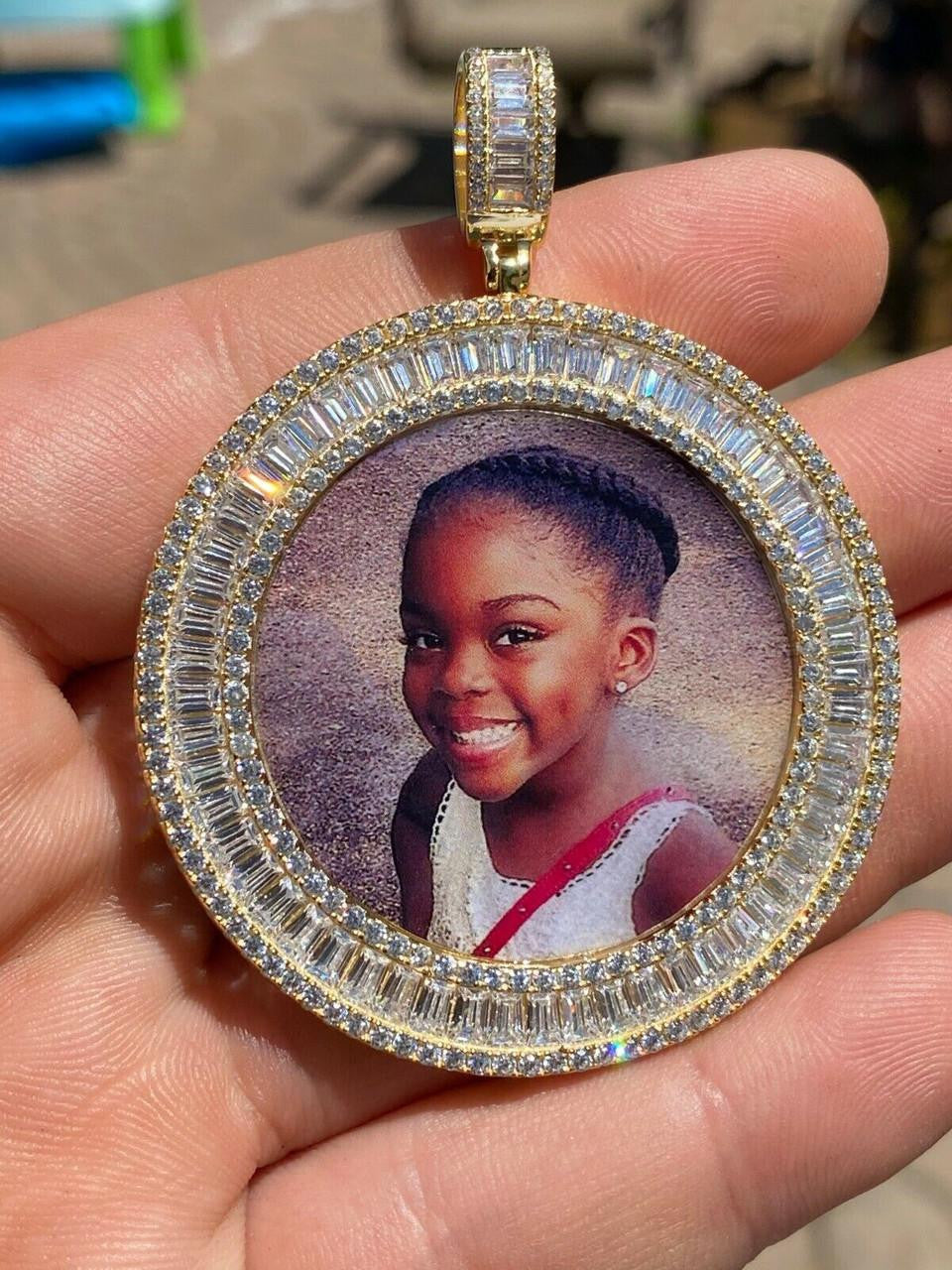 MOISSANITE Baguette Custom Photo Memory Pendant - 14k Yellow/Rose Gold Vermeil Or 925 Silver - Medium 2"