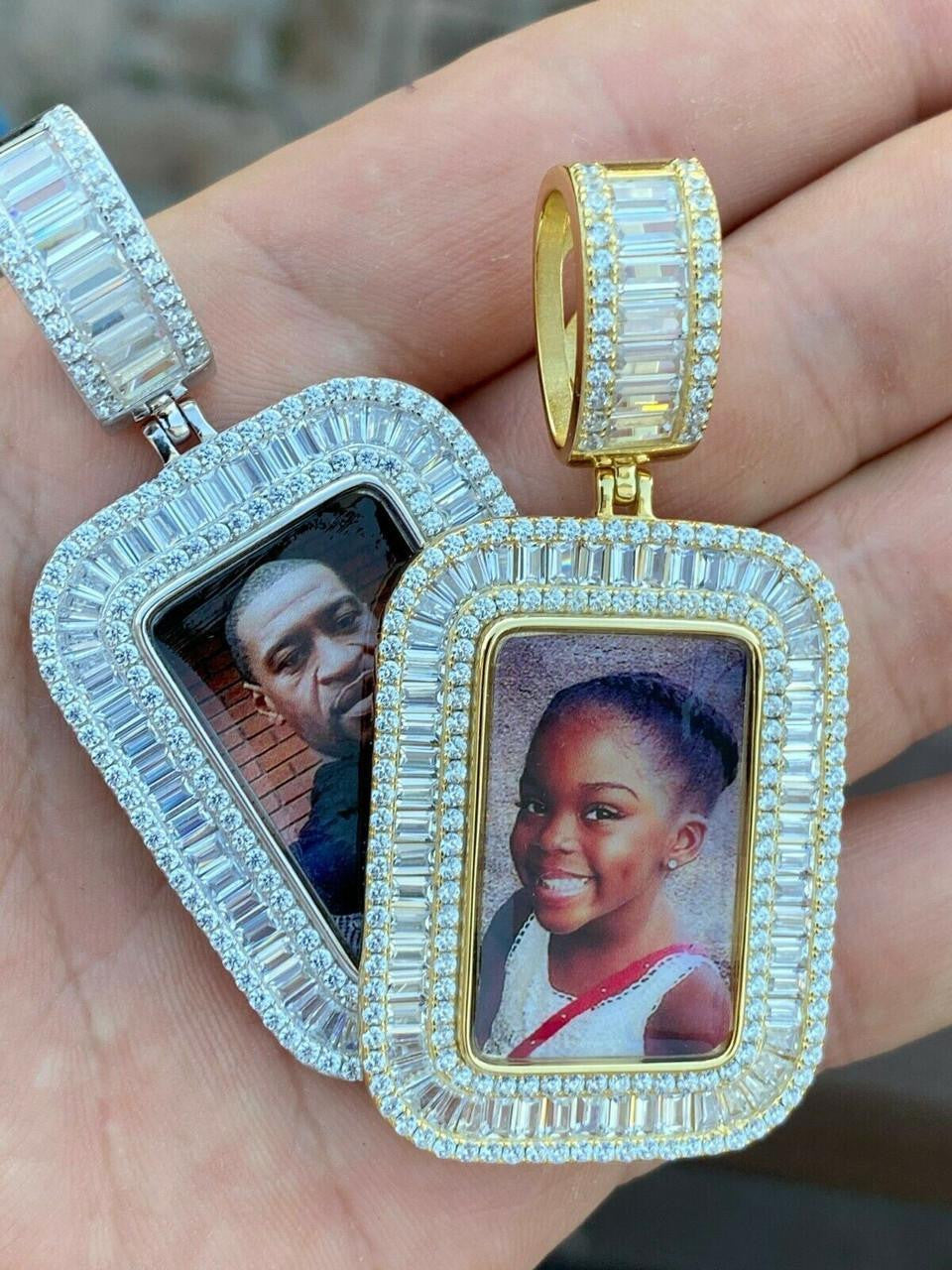 MOISSANITE Custom Photo Memory Pendant Baguette Dog Tag - 14k Yellow/Rose Gold Vermeil Or 925 Silver - Medium 2"