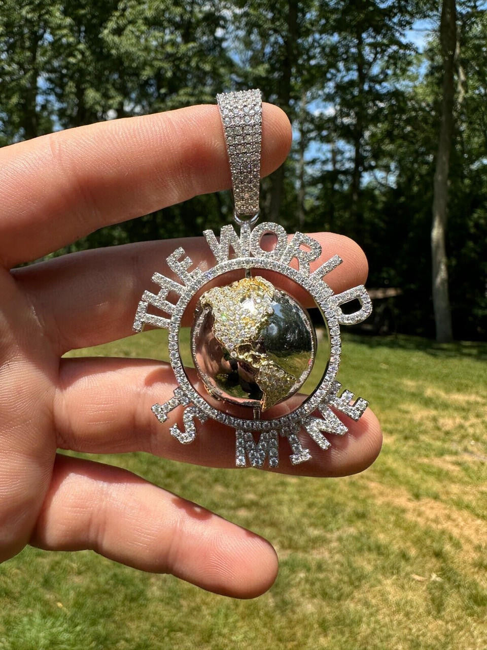 MOISSANITE World Is Mine Spinning Globe Hip Hop Pendant - 14k Yellow Gold Vermeil Or 925 Silver - Large 3"