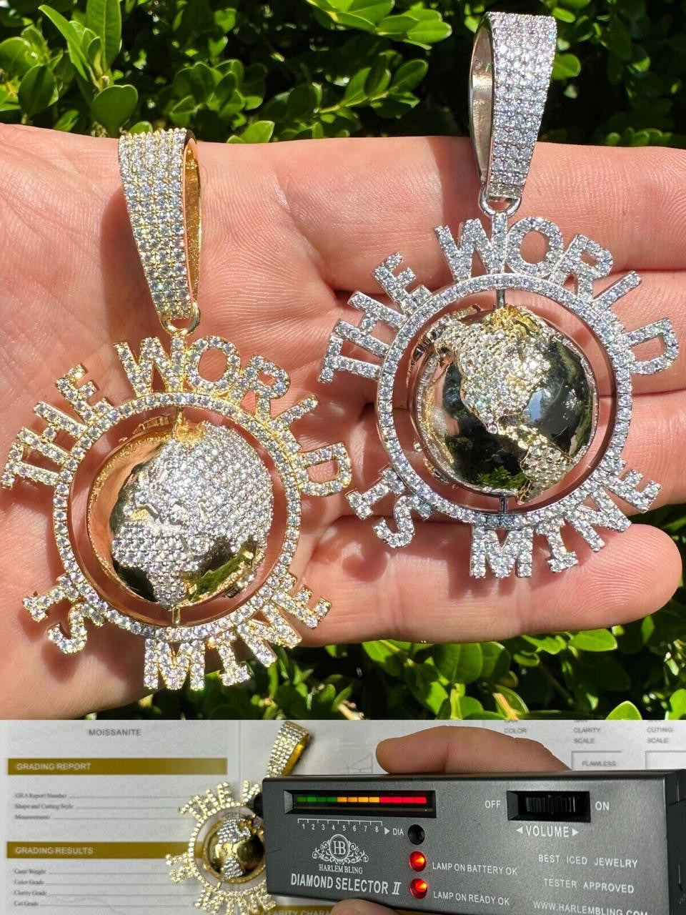 MOISSANITE World Is Mine Spinning Globe Hip Hop Pendant - 14k Yellow Gold Vermeil Or 925 Silver - Large 3"