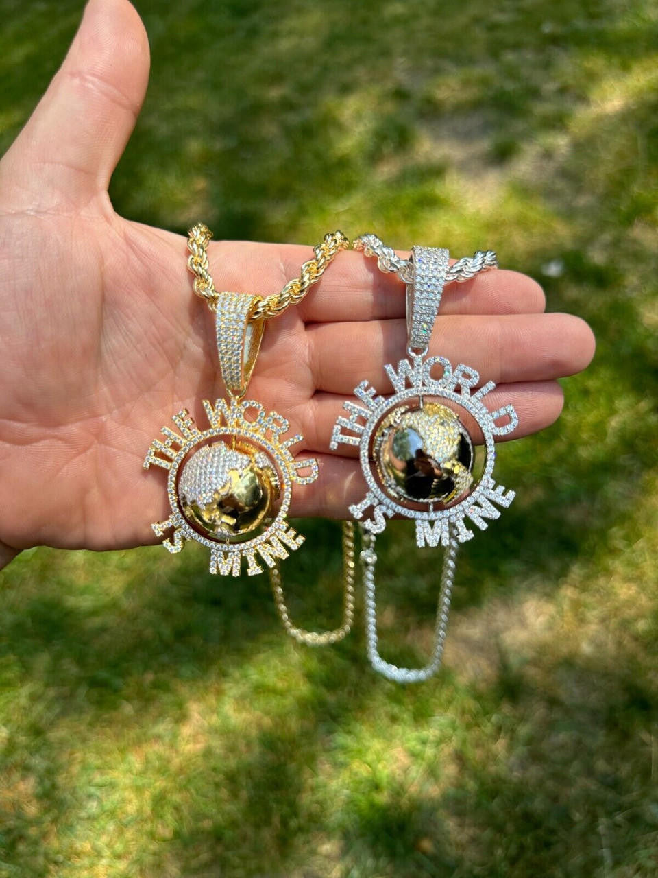 MOISSANITE World Is Mine Spinning Globe Hip Hop Pendant - 14k Yellow Gold Vermeil Or 925 Silver - Large 3"