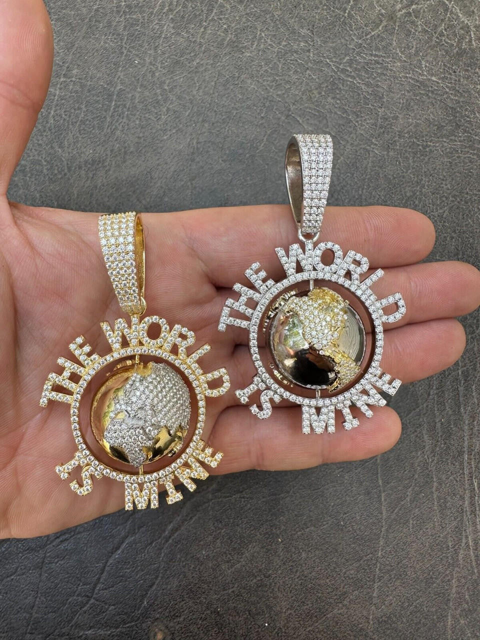 MOISSANITE World Is Mine Spinning Globe Hip Hop Pendant - 14k Yellow Gold Vermeil Or 925 Silver - Large 3"