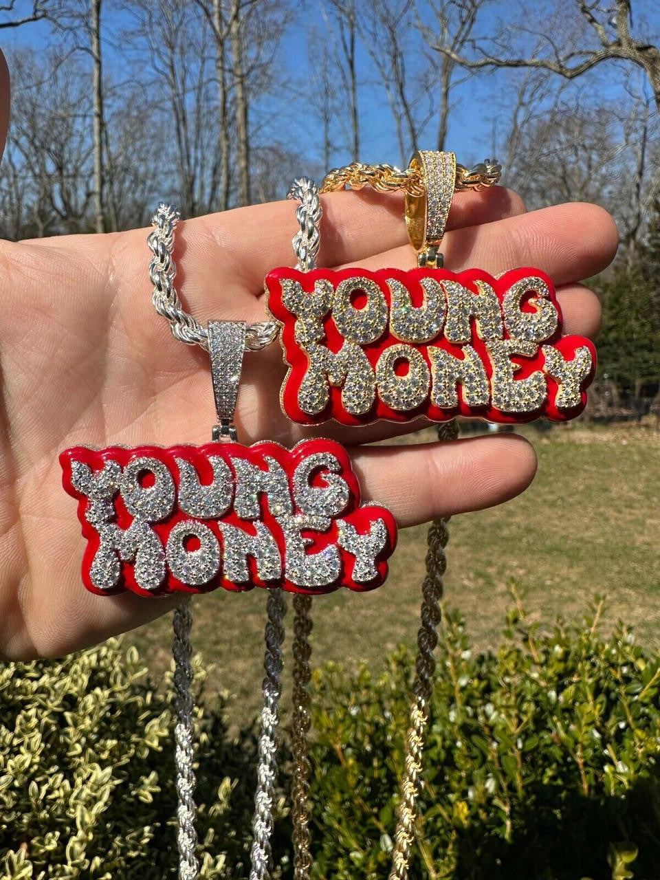 MOISSANITE YOUNG MONEY Hip Hop Pendant - 14k Gold Vermeil or 925 Silver - Large 2.5"