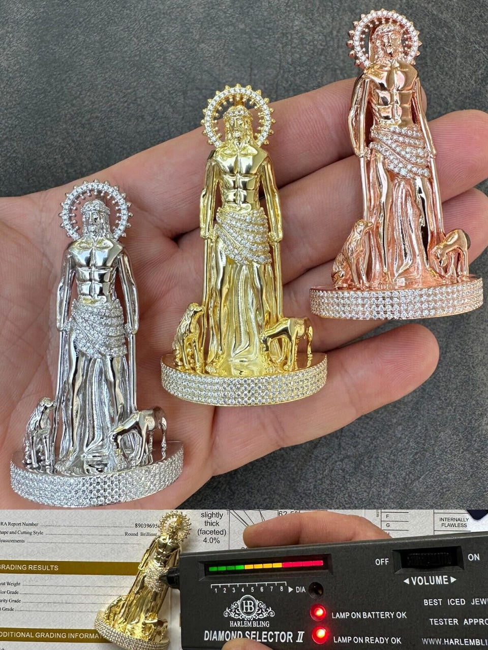 MOISSANITE 3D Saint Lazarus Pendant - 14k Yellow/Rose Gold Vermeil or 925 Silver - Large 2.5"