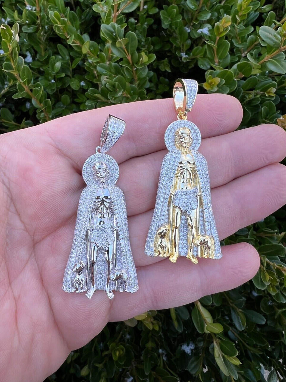 MOISSANITE Iced Saint St Lazarus Pendant - 14k Gold Vermeil Or 925 Silver - Large 2.5"