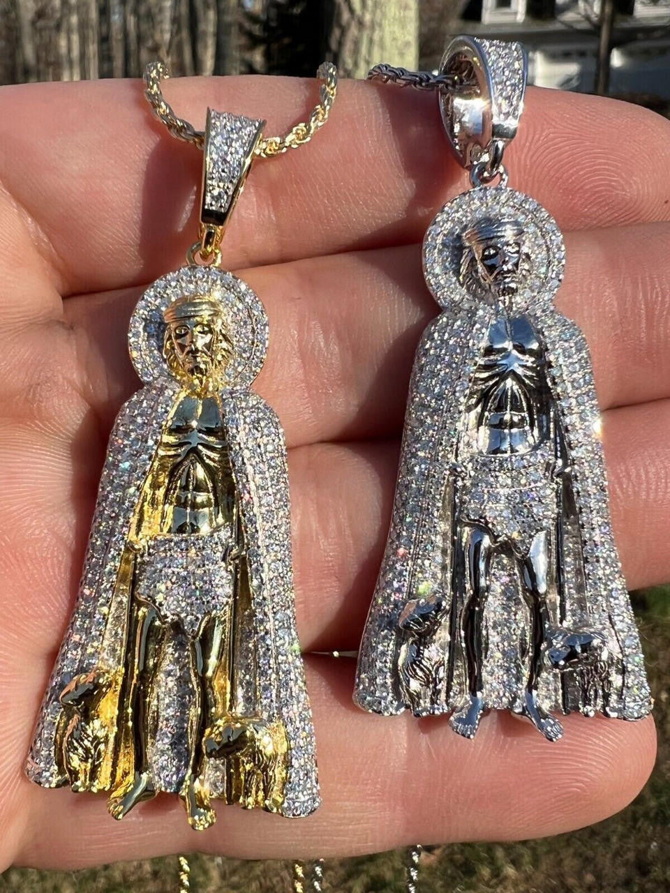 MOISSANITE Iced Saint St Lazarus Pendant - 14k Gold Vermeil Or 925 Silver - Large 2.5"