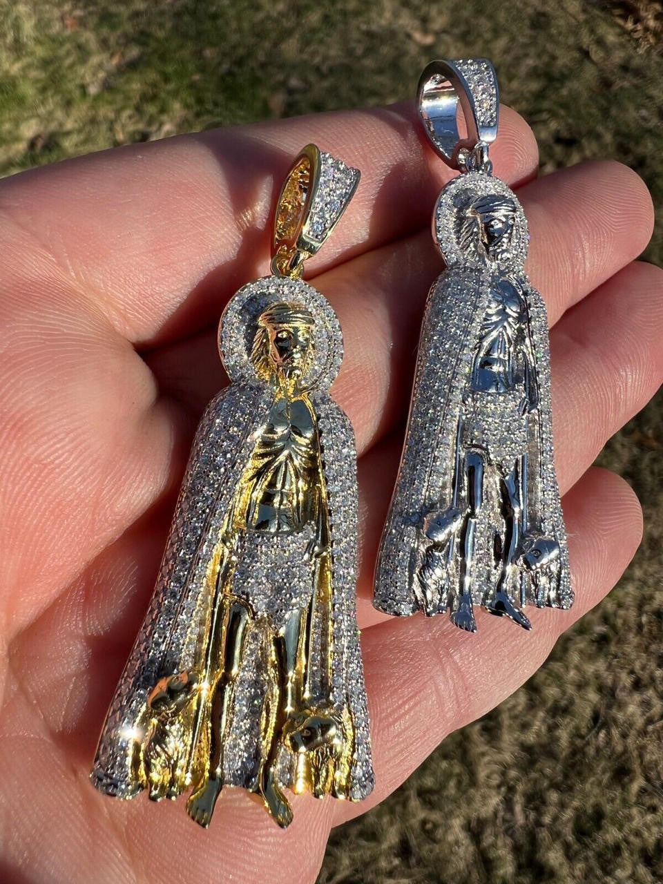 MOISSANITE Iced Saint St Lazarus Pendant - 14k Gold Vermeil Or 925 Silver - Large 2.5"