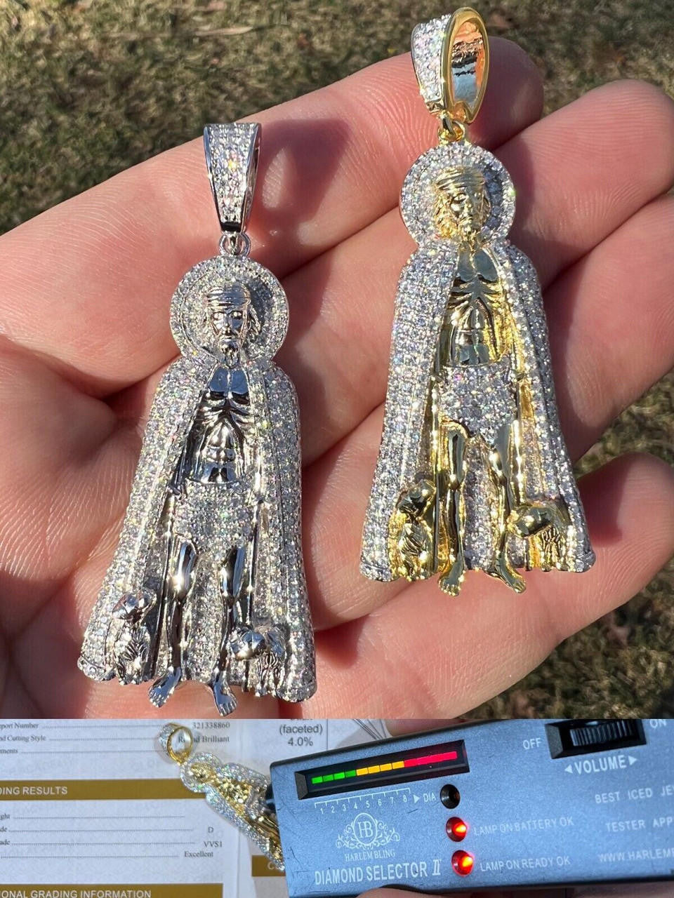 MOISSANITE Iced Saint St Lazarus Pendant - 14k Gold Vermeil Or 925 Silver - Large 2.5"