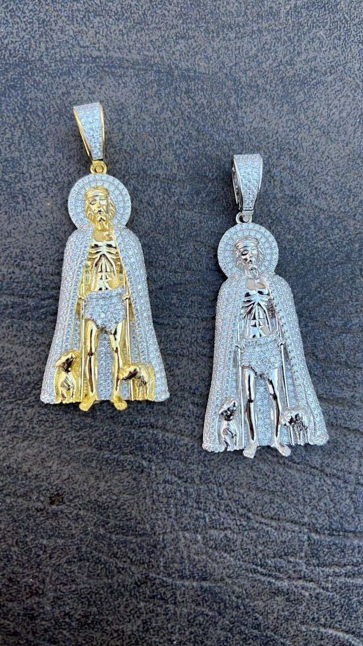 MOISSANITE Iced Saint St Lazarus Pendant - 14k Gold Vermeil Or 925 Silver - Large 2.5"