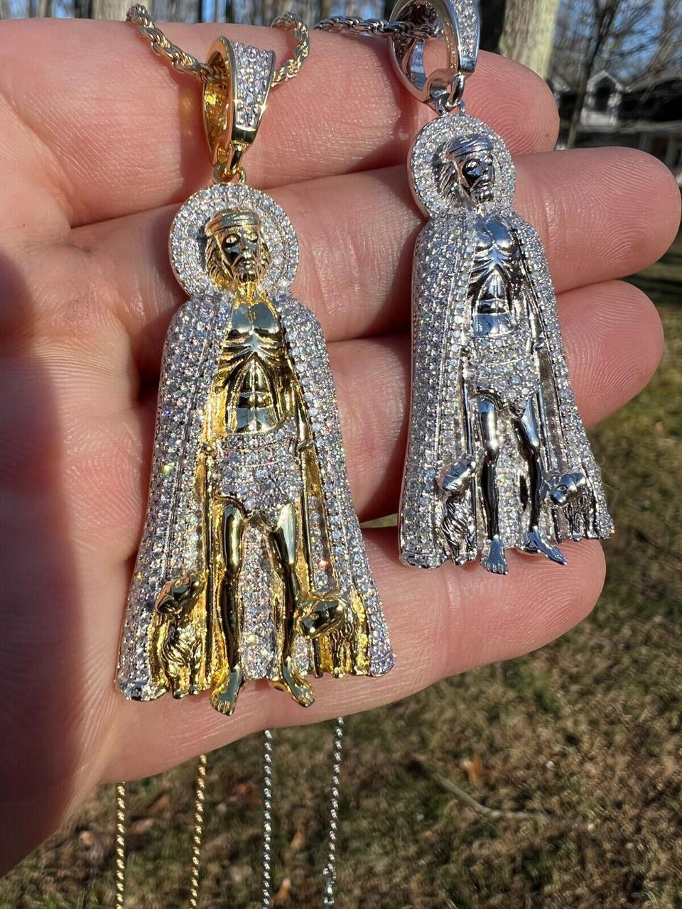 MOISSANITE Iced Saint St Lazarus Pendant - 14k Gold Vermeil Or 925 Silver - Large 2.5"