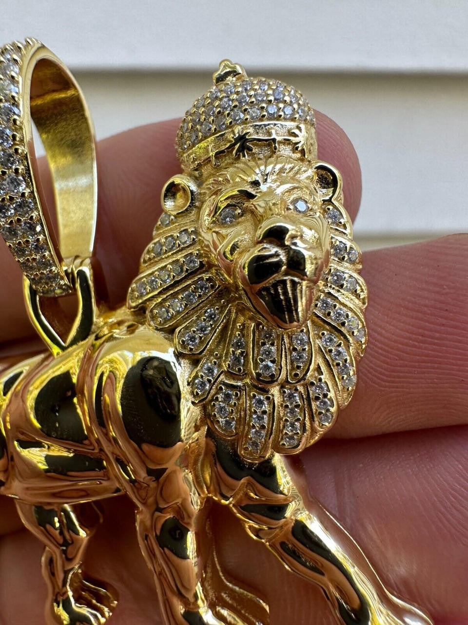 MOISSANITE Lion Of Judah W. Crown Rasta Pendant - 14k Gold Vermeil or 925 Silver - Medium 2.25"