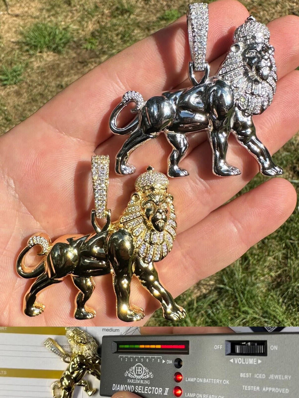 MOISSANITE Lion Of Judah W. Crown Rasta Pendant - 14k Gold Vermeil or 925 Silver - Medium 2.25"