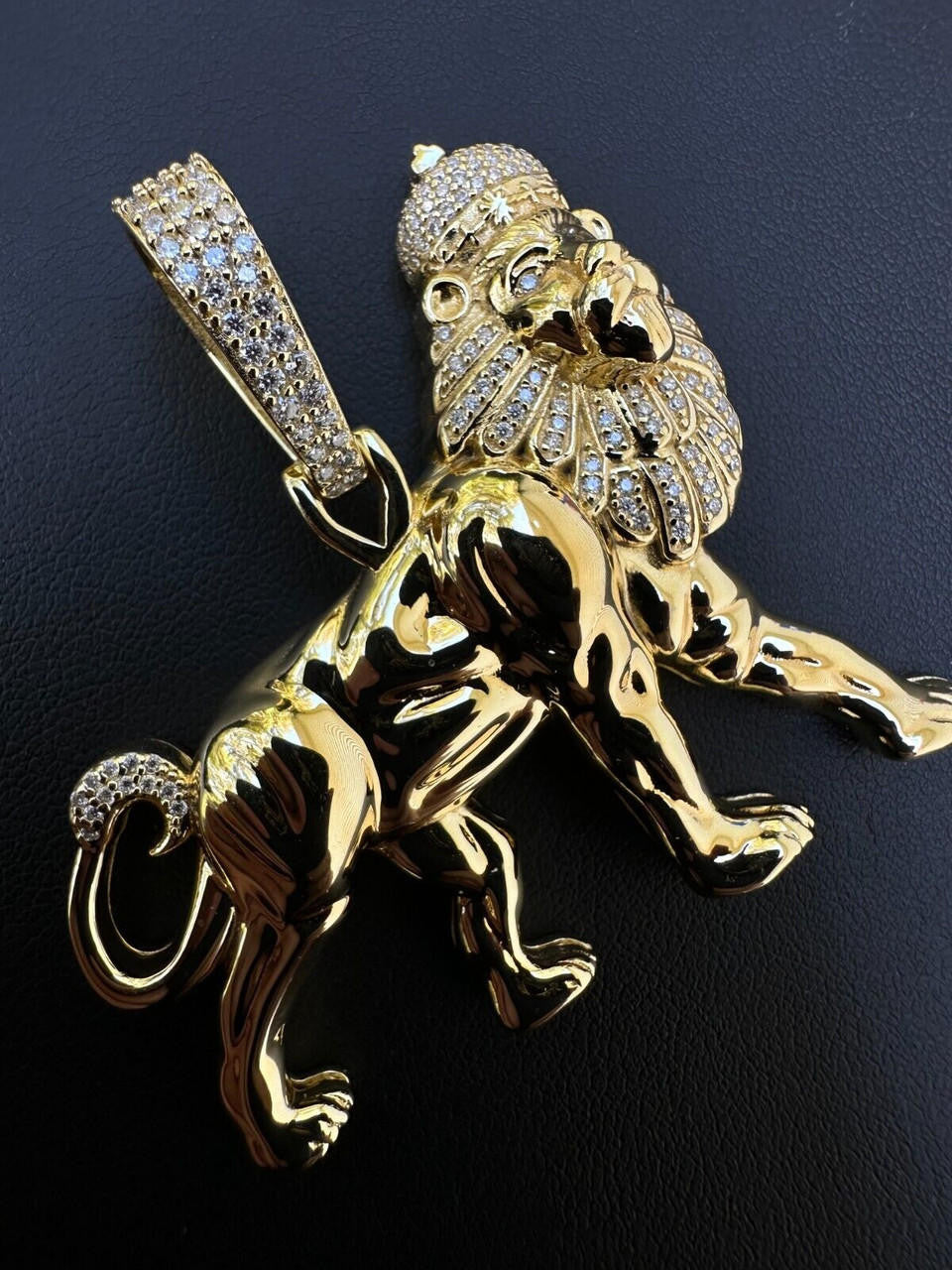 MOISSANITE Lion Of Judah W. Crown Rasta Pendant - 14k Gold Vermeil or 925 Silver - Medium 2.25"