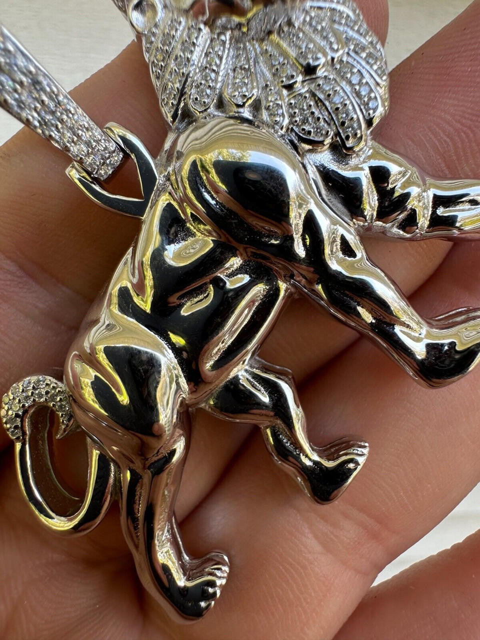 MOISSANITE Lion Of Judah W. Crown Rasta Pendant - 14k Gold Vermeil or 925 Silver - Medium 2.25"