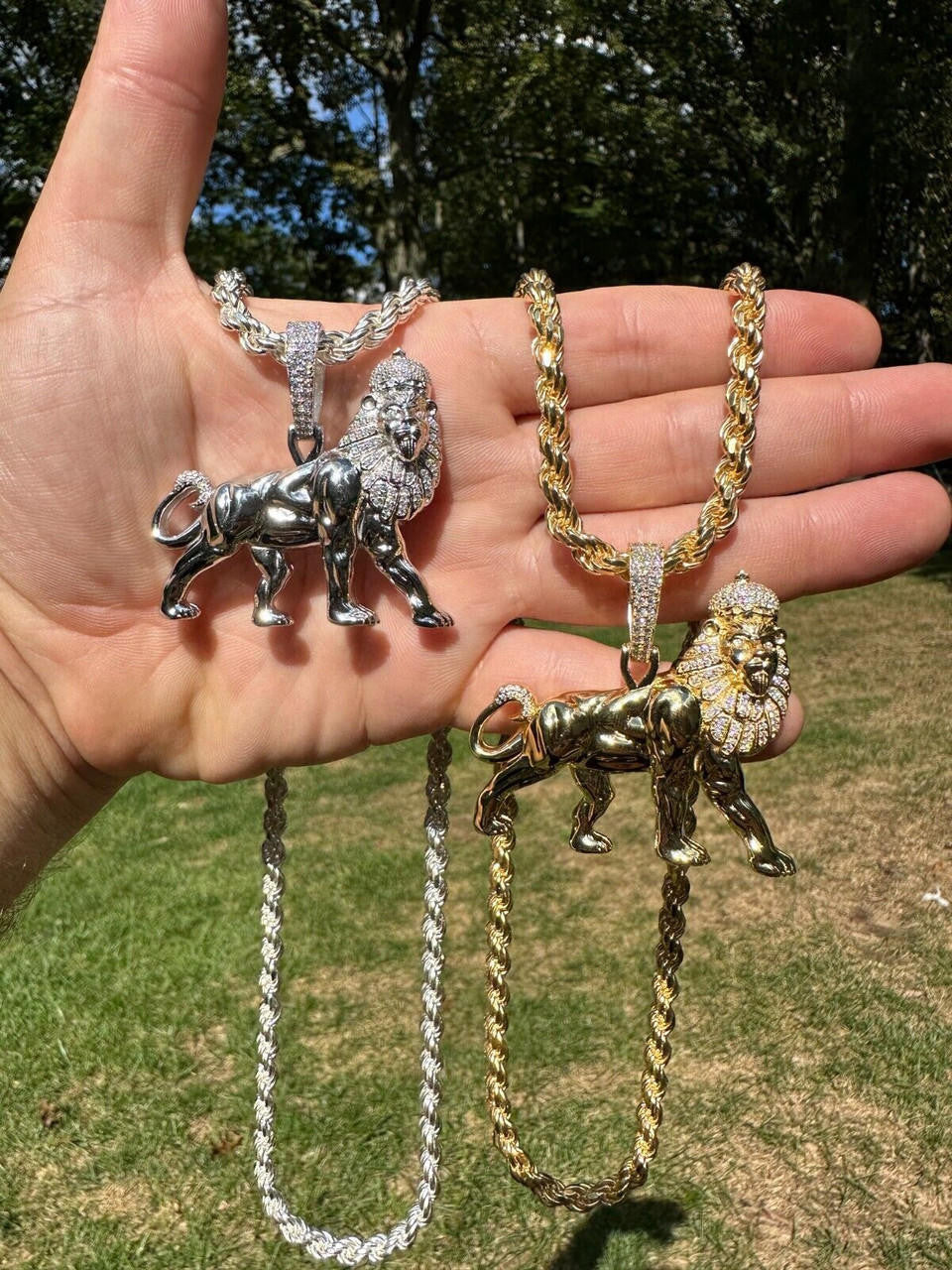 MOISSANITE Lion Of Judah W. Crown Rasta Pendant - 14k Gold Vermeil or 925 Silver - Medium 2.25"