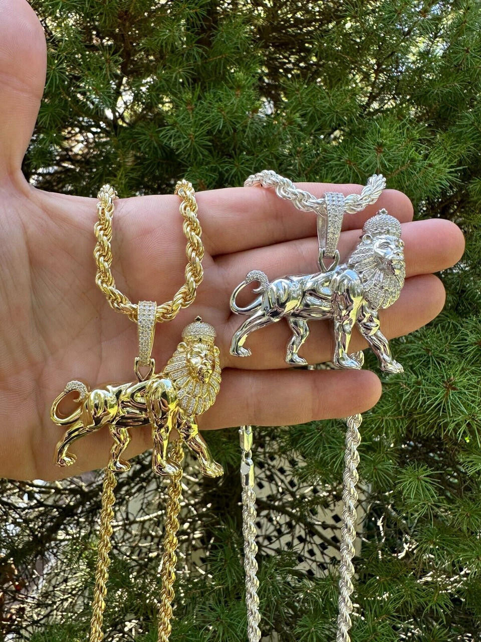 MOISSANITE Lion Of Judah W. Crown Rasta Pendant - 14k Gold Vermeil or 925 Silver - Medium 2.25"