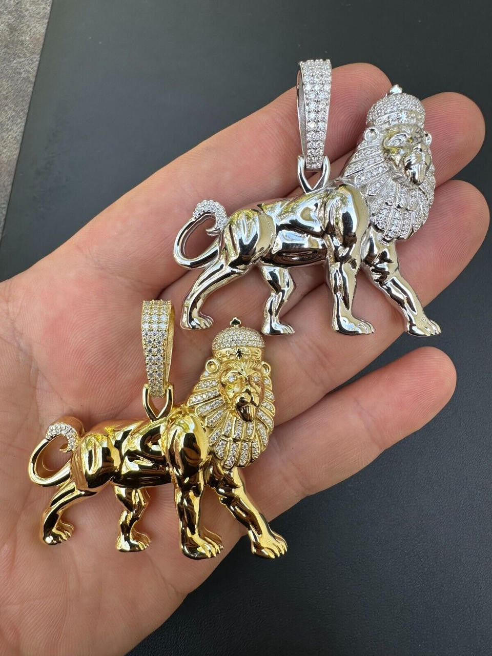 MOISSANITE Lion Of Judah W. Crown Rasta Pendant - 14k Gold Vermeil or 925 Silver - Medium 2.25"