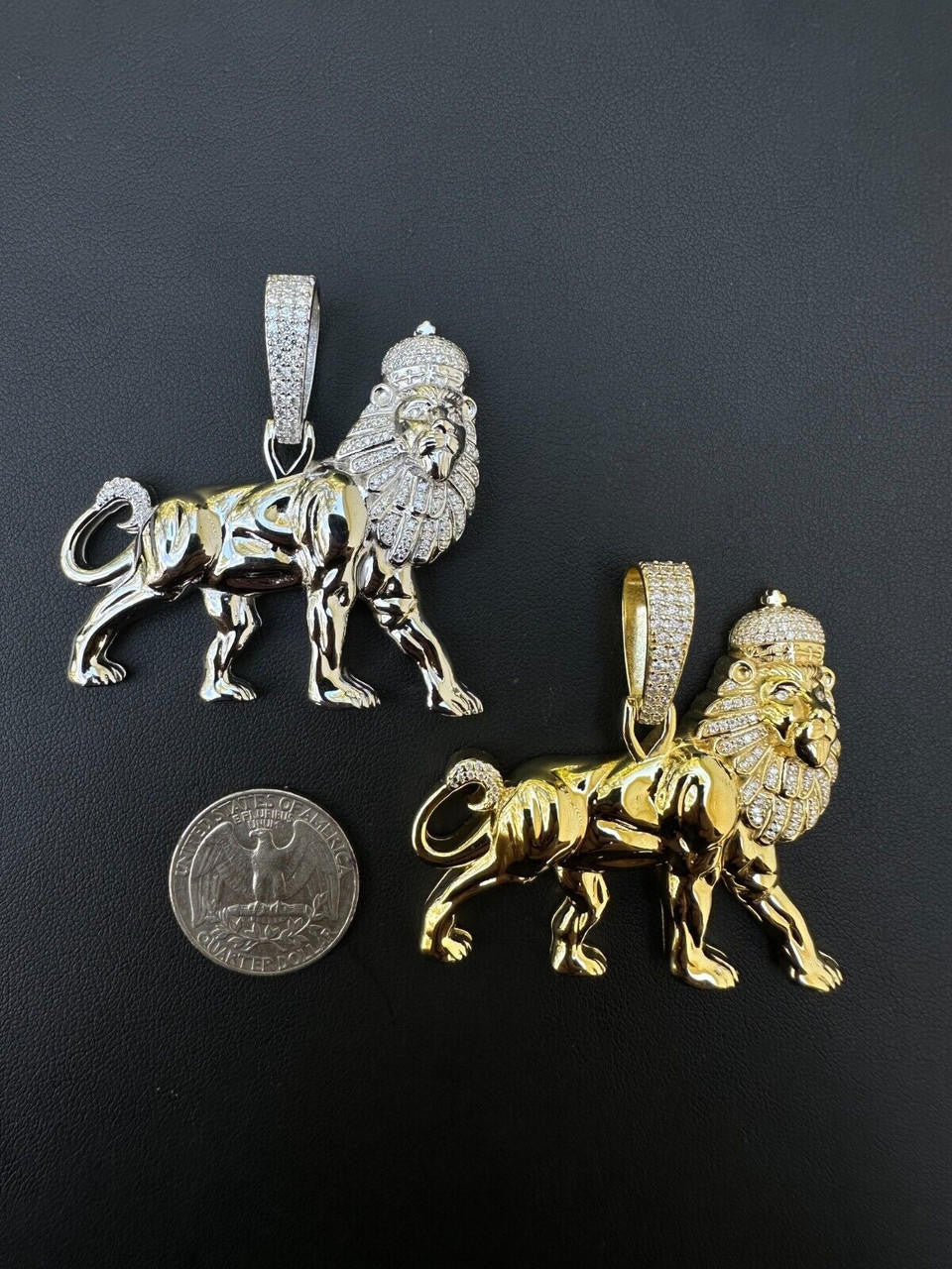 MOISSANITE Lion Of Judah W. Crown Rasta Pendant - 14k Gold Vermeil or 925 Silver - Medium 2.25"