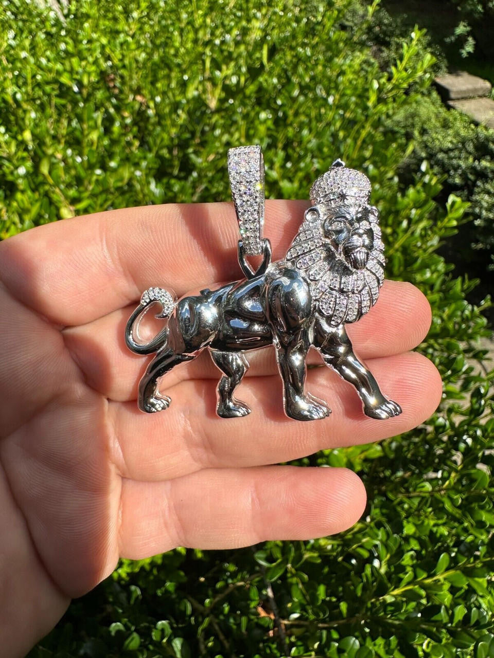 MOISSANITE Lion Of Judah W. Crown Rasta Pendant - 14k Gold Vermeil or 925 Silver - Medium 2.25"