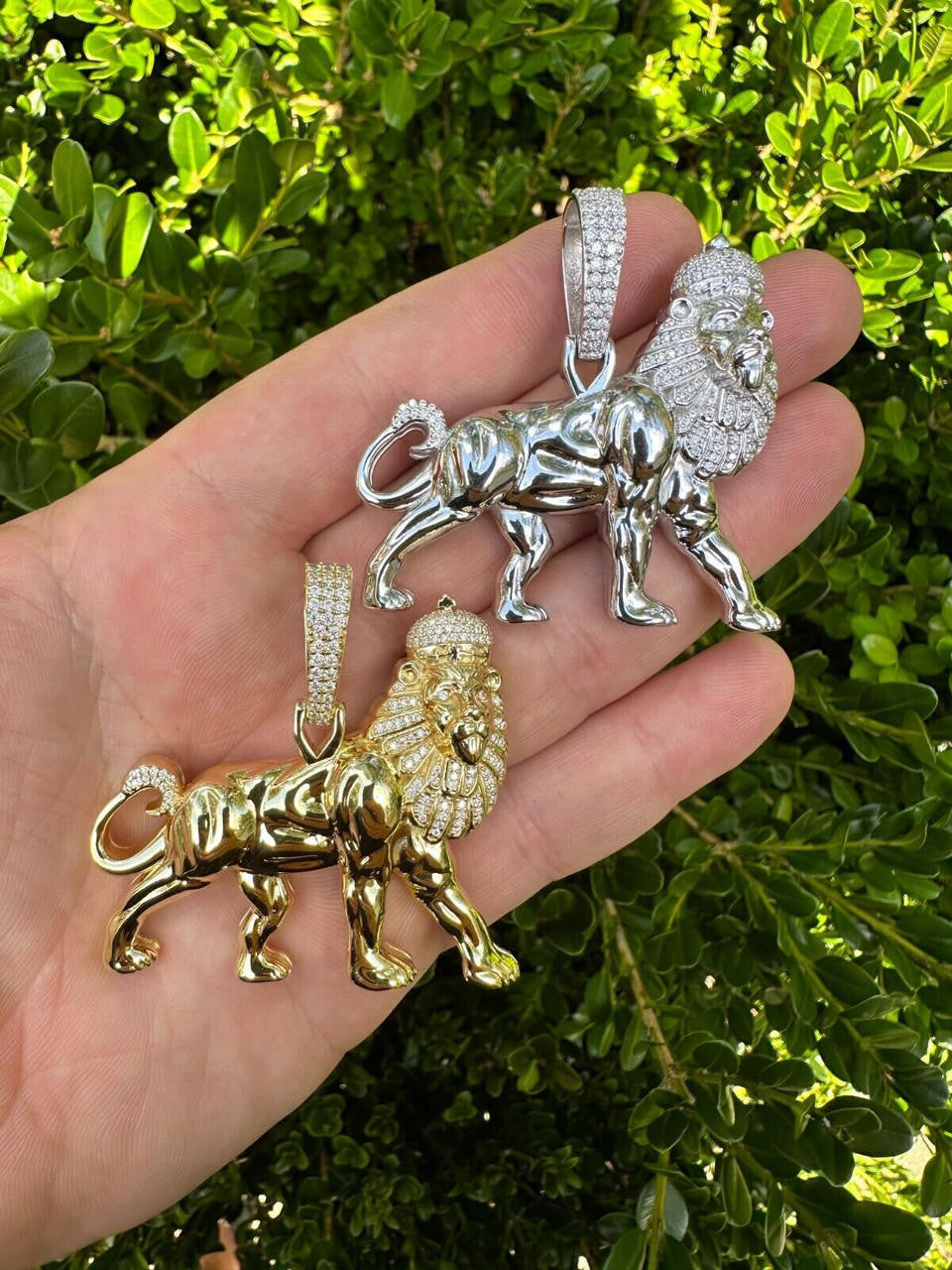 MOISSANITE Lion Of Judah W. Crown Rasta Pendant - 14k Gold Vermeil or 925 Silver - Medium 2.25"
