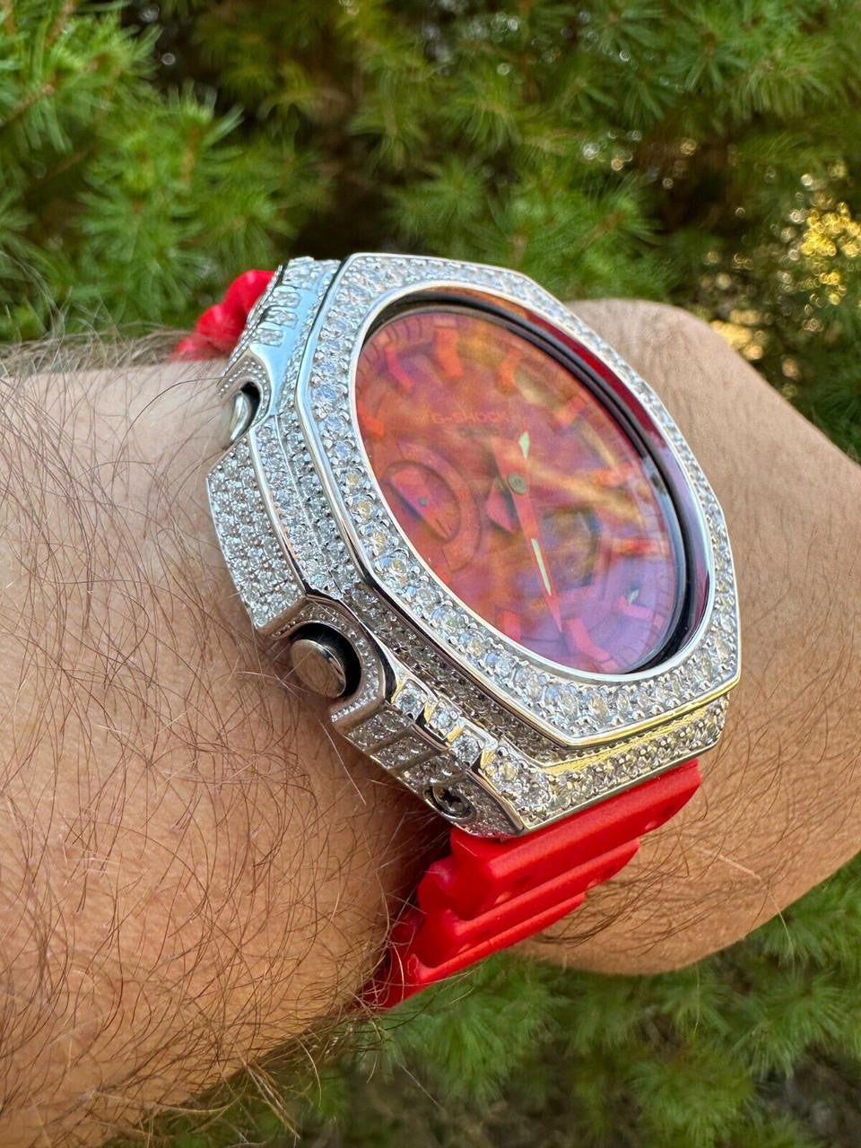 MOISSANITE Real 925 Silver Iced Red Casio G Shock GA-2100 Hip Hop Watch