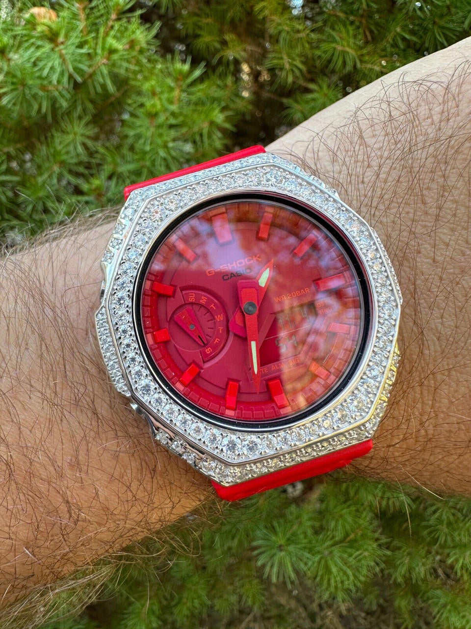 MOISSANITE Real 925 Silver Iced Red Casio G Shock GA-2100 Hip Hop Watch