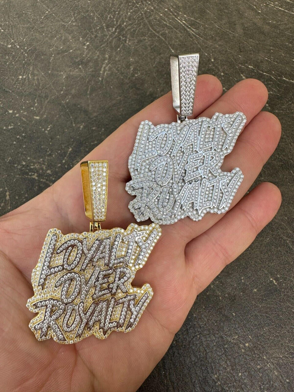 MOISSANITE LOYALTY OVER ROYALTY Hip Hop Pendant - 14k Gold Vermeil Or 925 Silver - Large 2.75"