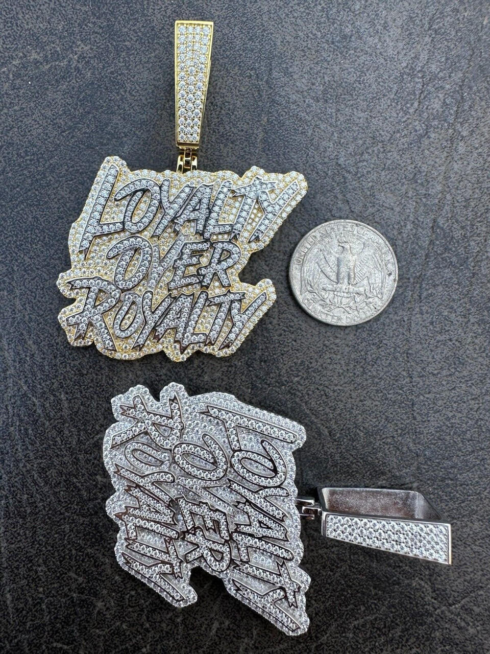MOISSANITE LOYALTY OVER ROYALTY Hip Hop Pendant - 14k Gold Vermeil Or 925 Silver - Large 2.75"
