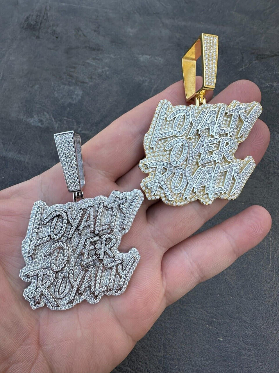 MOISSANITE LOYALTY OVER ROYALTY Hip Hop Pendant - 14k Gold Vermeil Or 925 Silver - Large 2.75"