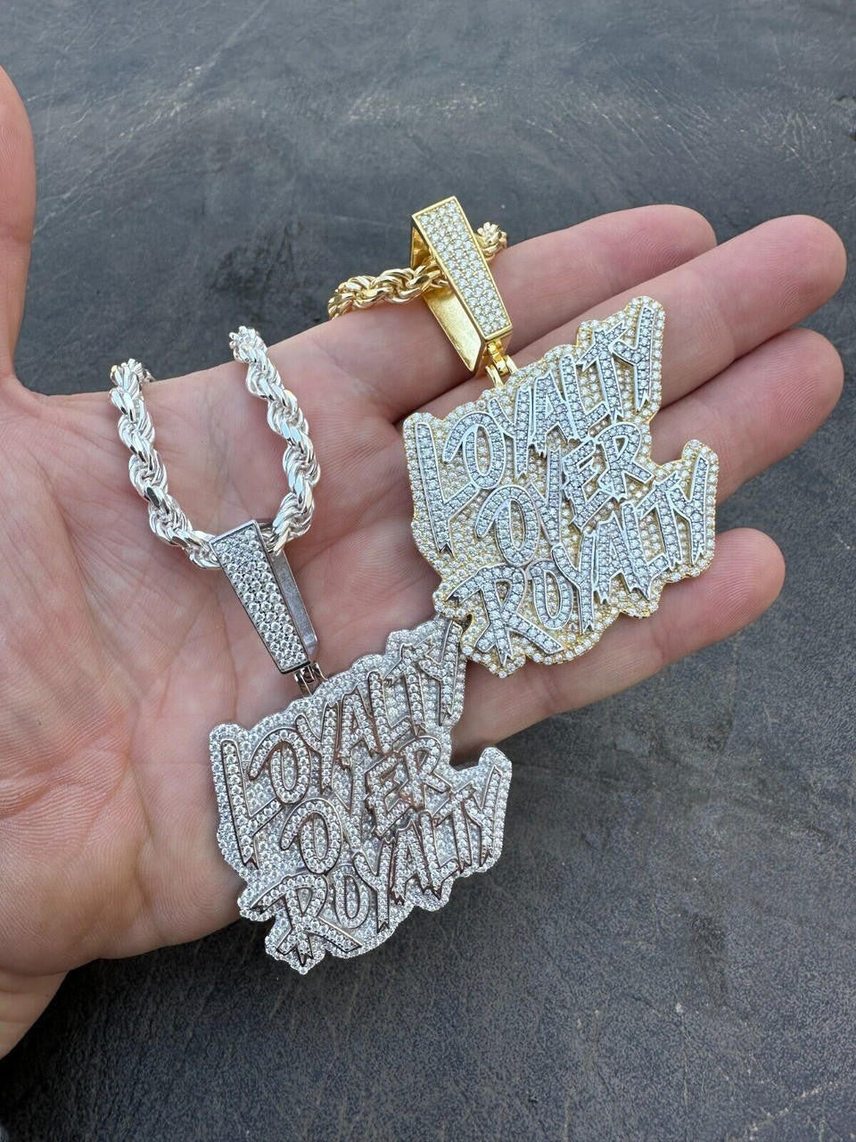 MOISSANITE LOYALTY OVER ROYALTY Hip Hop Pendant - 14k Gold Vermeil Or 925 Silver - Large 2.75"