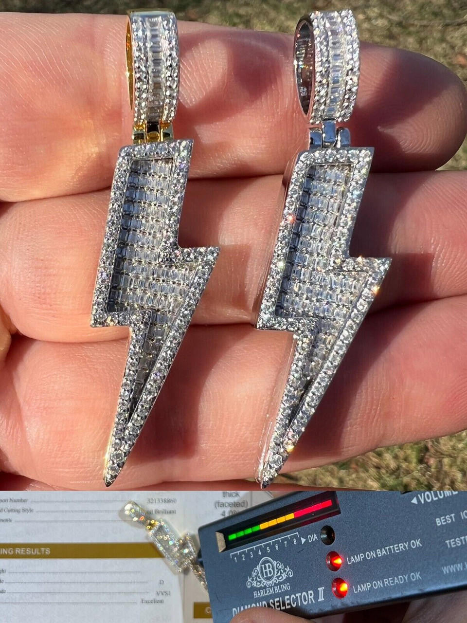 MOISSANITE Lightning Bolt Iced Out Pendant - 14k Gold Vermeil Or 925 Silver - Medium 2"