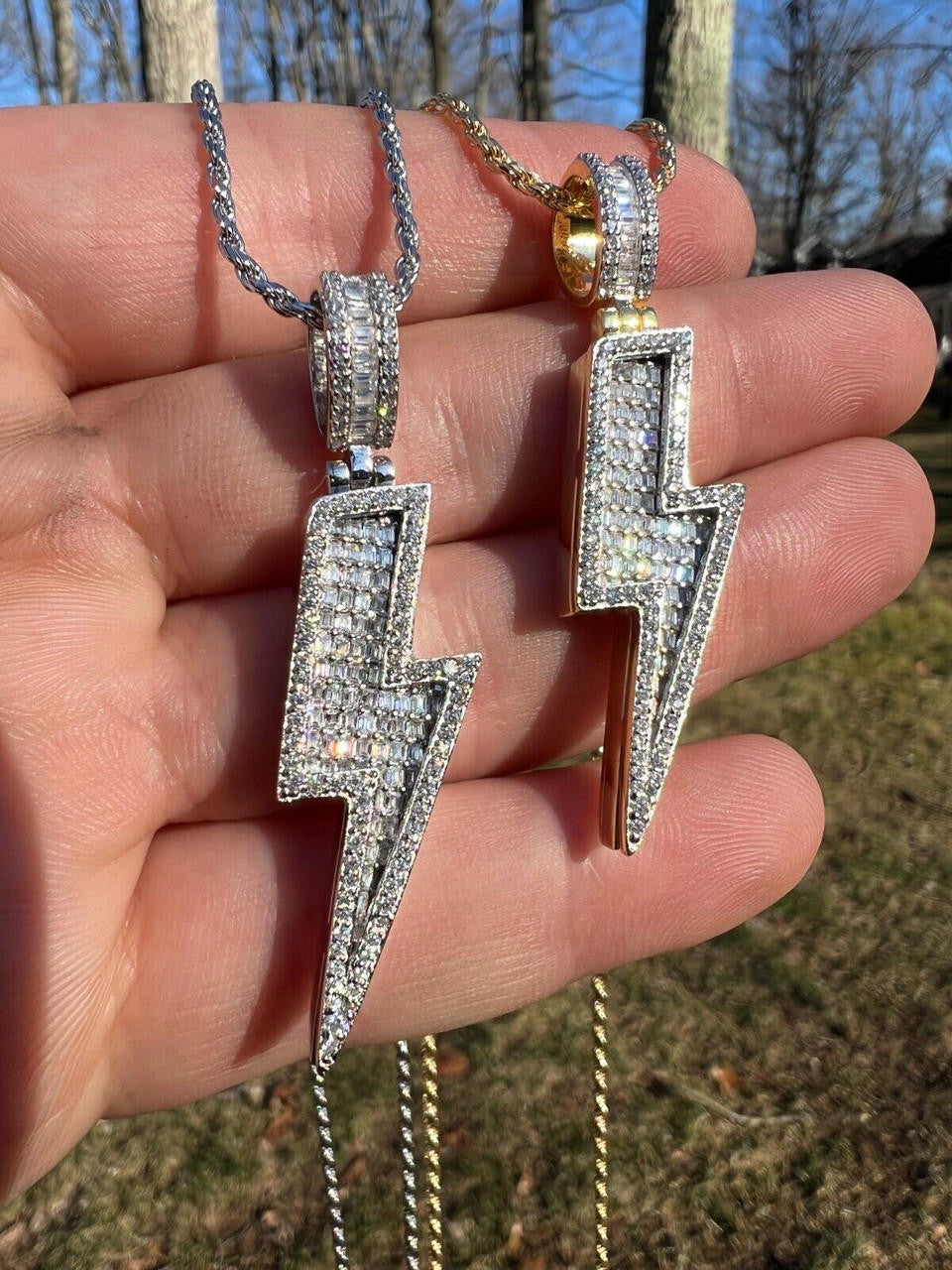 MOISSANITE Lightning Bolt Iced Out Pendant - 14k Gold Vermeil Or 925 Silver - Medium 2"
